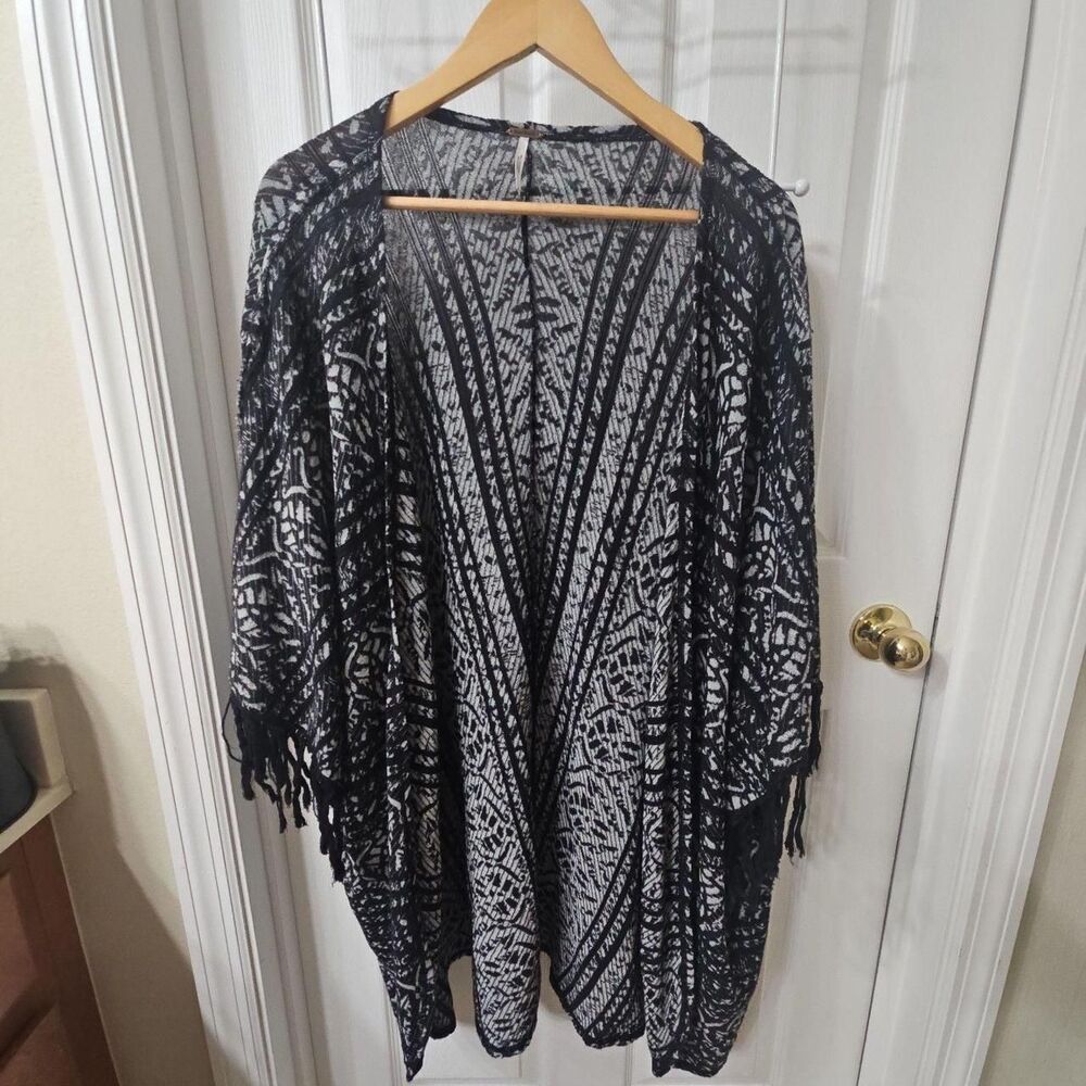 Free People Black and White Open Front Fringe Kimono Cardigan